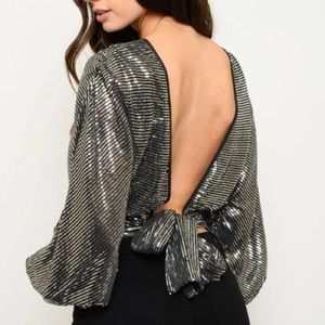 Silver sequins open back long sleeve top